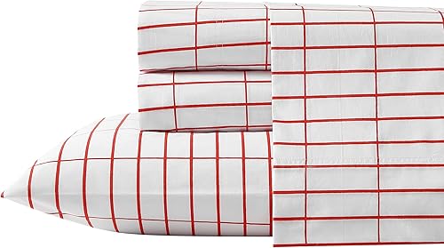 Miniatura 4 de MARIMEKKO - Juego de sábanas de percal de algodón, fresco y ligero, transpirable (Pieni Tiiliskivi Red, Queen)