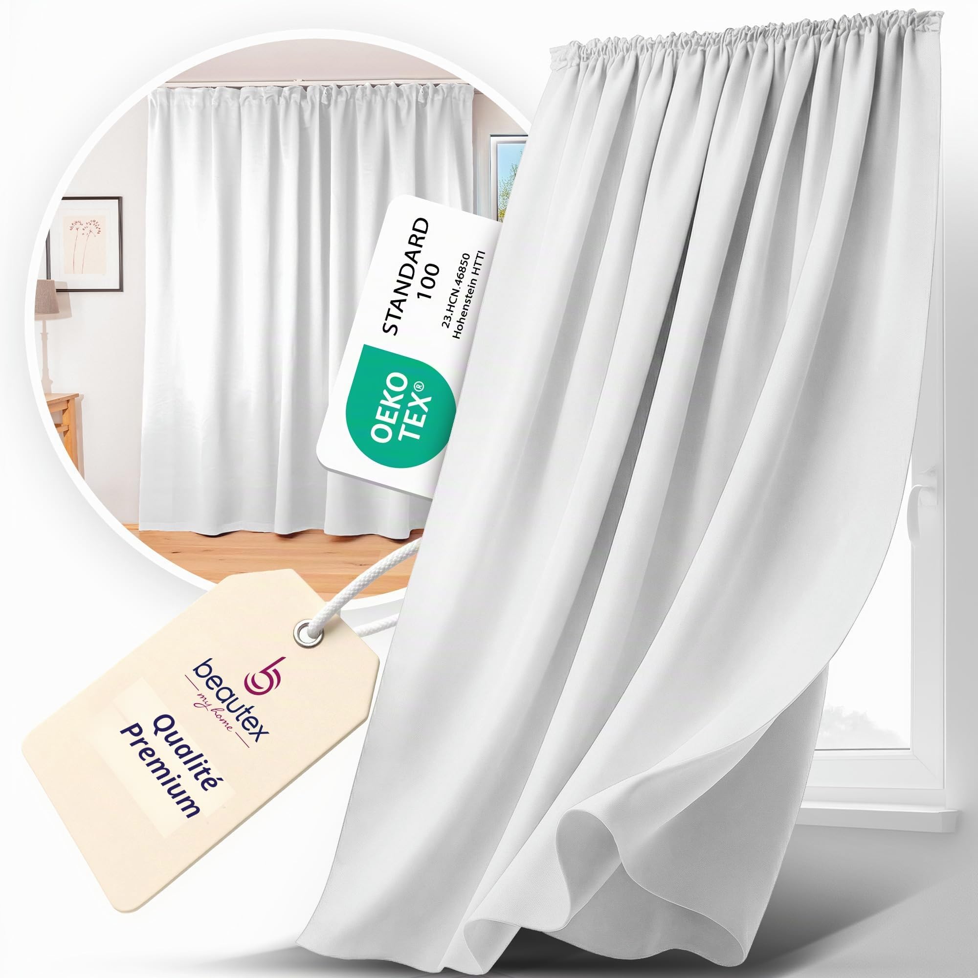BEAUTEX Rideau occultant avec Bande de Curling U-Band, Rideau assombrissant Opaque, la Taille et la Couleur Peuvent être sélectionnées (Largeur 300 cm. Hauteur 245 cm, Blanc) | Réduction de la lumière, isolation thermique, facile d'entretien, lavable, con