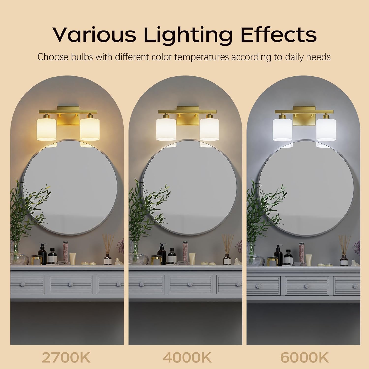 PARTPHONER Bathroom Light Fixtures, Bathroom Lighting Fixtures Over Mirror, Interior Classic Vanity Lights, Modern Vanity Light with Textured White Glass Shade, Brushed Gold, 2-Light
