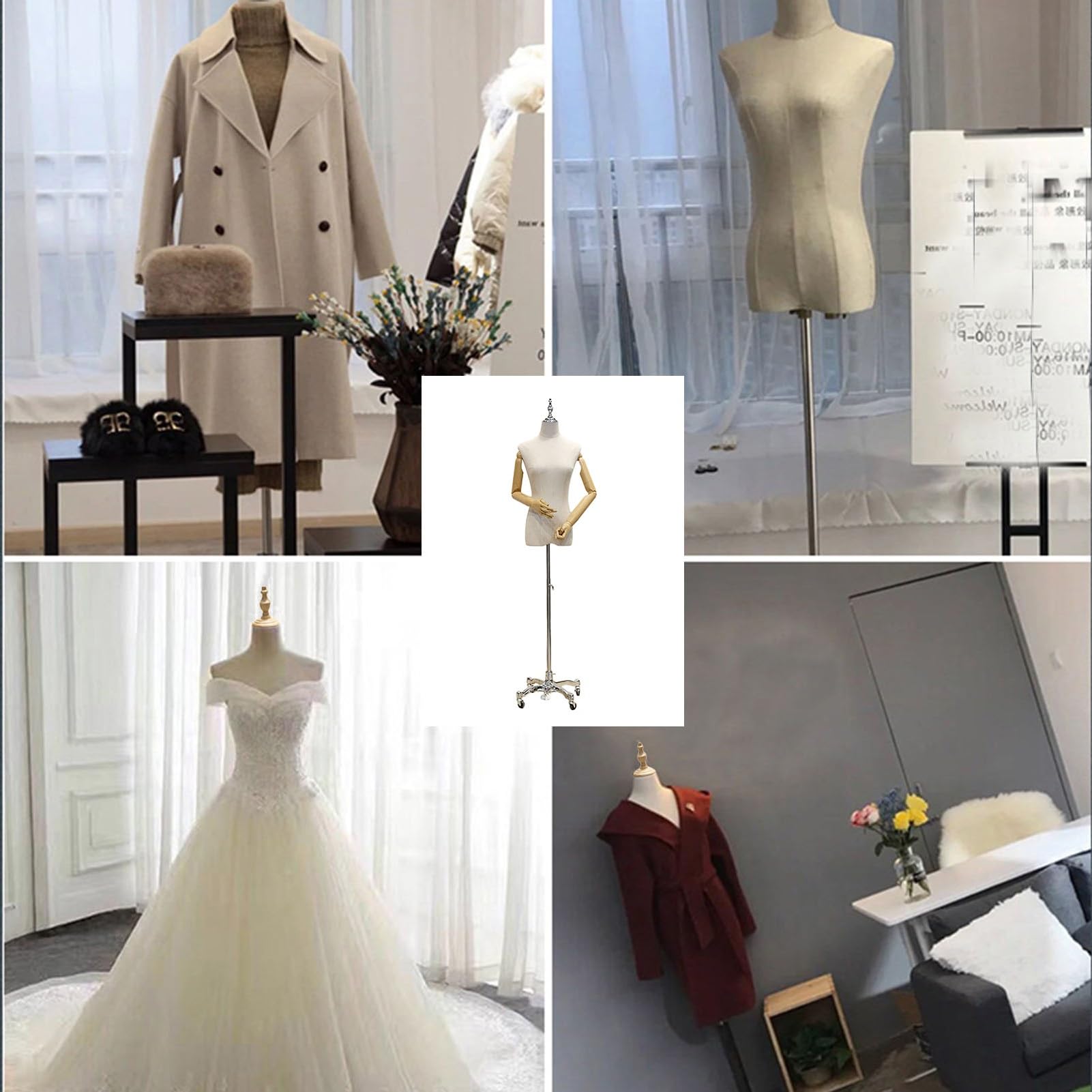 Buste de mannequin féminin avec roues, présentoir de vêtements en lin pour robe de mariée, vitrine, mobile et réglable