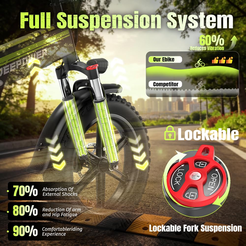 DEEPOWER H20 PRO Bicicleta Eléctrica, Batería Extraíble 48V 25Ah, Autonomía 70-110KM, Motor con Par 120N·m, Neumáticos Anchos 20'' x 4.0, 7 Velocidades, Suspensión Hidráulica Completa