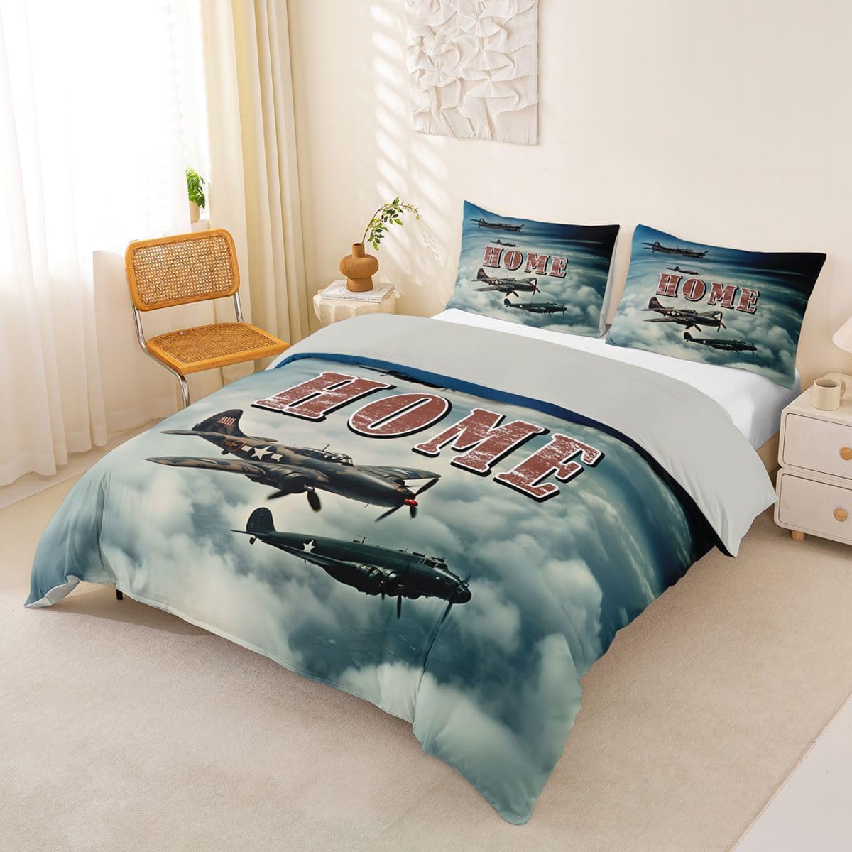 Airplane Vintage Patriotic Duvet Cover Set Historical Military Girl Toddler Bedding Set for Tween Boys Girls Memorial Day Comforter Cover Military Aviation Bed Sets,4th of July American Decor