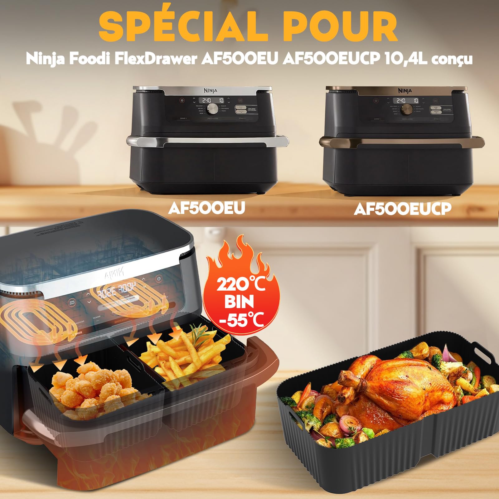 Accessoires Air Fryer pour Ninja AF500EU Foodi FlexDrawer 10.4L | Moule Silicone Air Fryer Ninja 10,4L, Plat pour Airfryer Réutilisable Panier(1x10,4 L+2x5,2 L), 22 Pièces