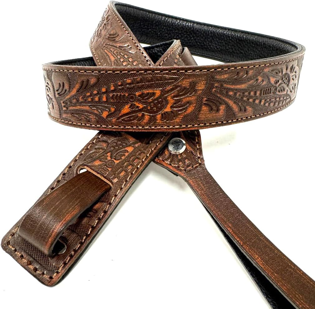 Walker And Williams M-22-BRN Bourbon Brown Leather Premium Padded Mandolin Strap With Live Oak Design, For Mandola, Bouzouki or Ukulele. For F And A Type Mandolins