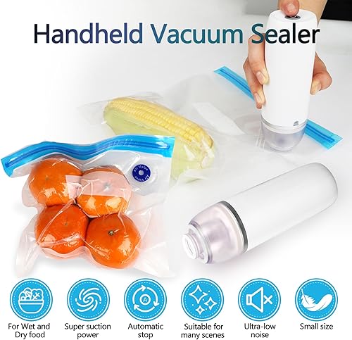 Miniatura 5 de Sellador al vacío de mano para alimentos, juego de máquina selladora al vacío inalámbrica portátil con 10 bolsas Sous Vide para almacenamiento de