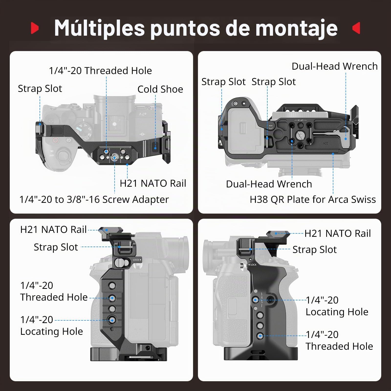 SMALLRIG Jaula HawkLock de Liberación Rápida para Sony Alpha 7 V/7R V/7 IV, con Placa QR para Arca, Riel NATO, Enchufe QD y Zapata Fría, Compatible con Estabilizadores dji RS - 6024