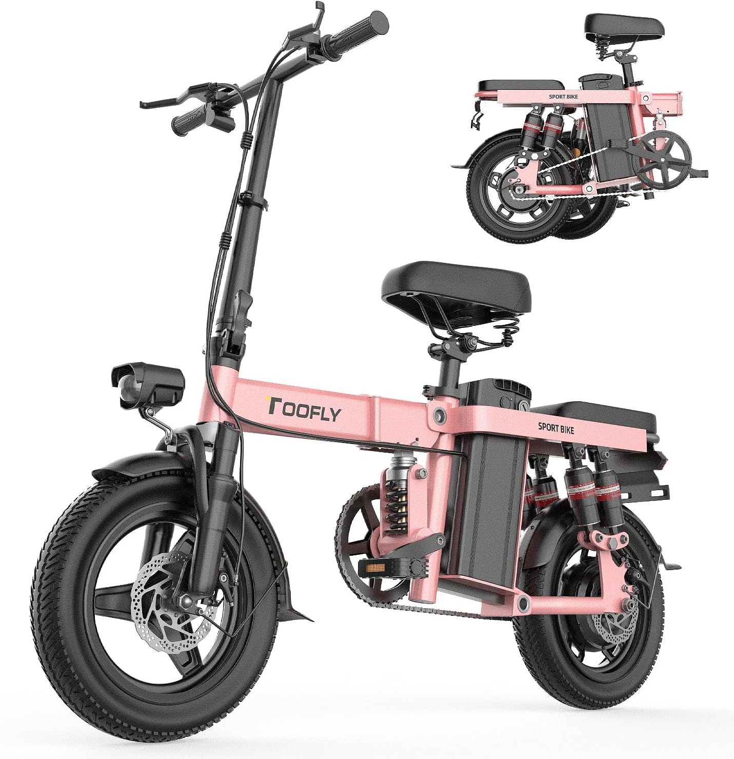 350W Electric Bike with 48V 12.5Ah Battery, 14 350W Electric Bike with 48V 12.5Ah Battery, 14″ Electric Bicycle for Adults or Teens, e-Bike with Pedals 20Mph, Waterproof Folding Mini Bike, High Carbon Steel Pink