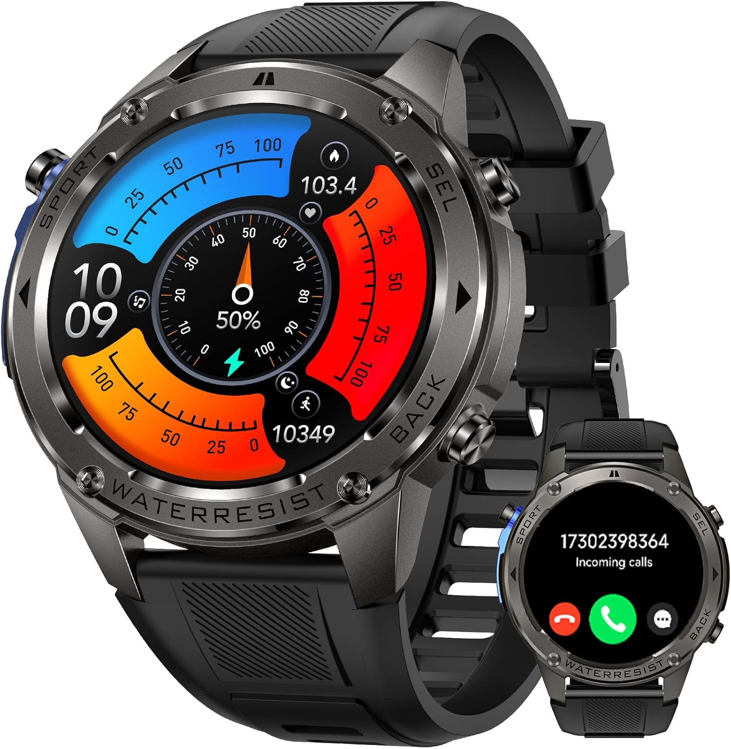 PAKRYS Military Smart Watch with active display showing time and fitness metrics