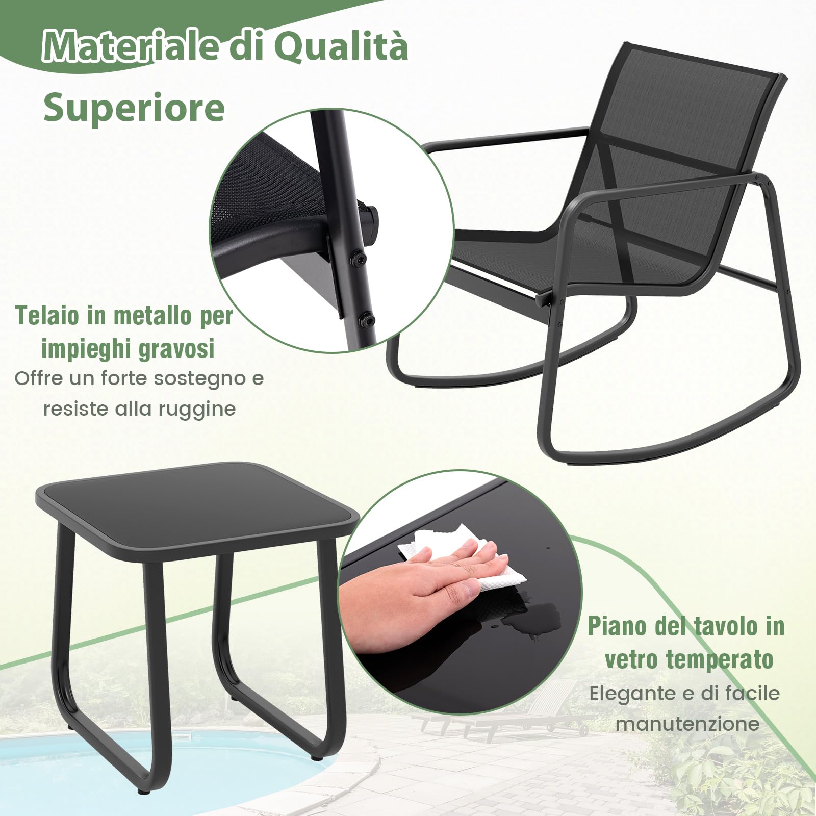 COSTWAY Set Bistrò 3 Pezzi, Sedie a Dondolo Ergonomiche Textilene, Tavolino Vetro Temperato, Struttura Metallo, Nero