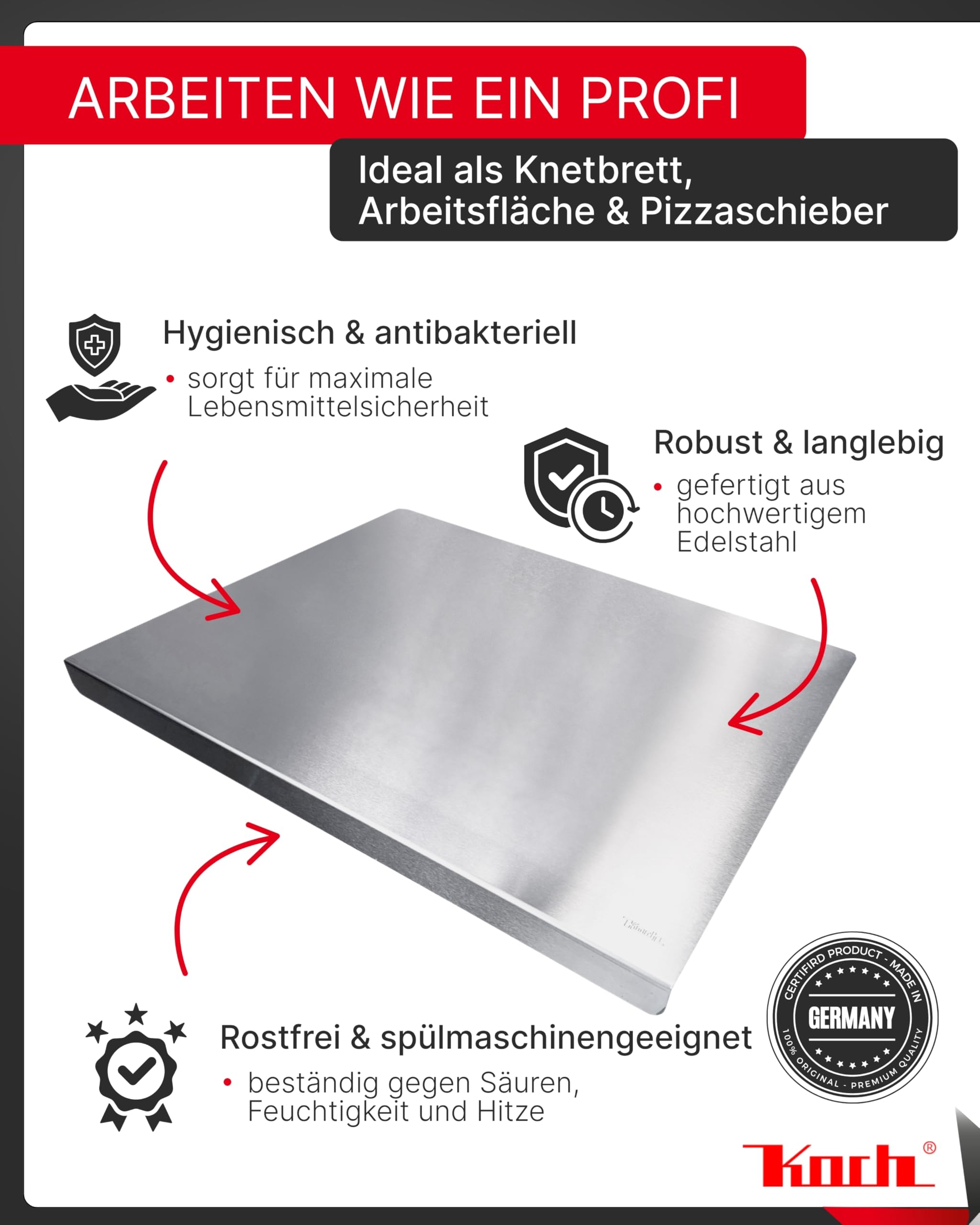 Koch Arbeitsplatte Edelstahl I 70 x 54 cm I Arbeitsfläche, Schneidebrett & Knetbrett mit Anschlagkante I Hygienisches & rostfreies Küchenbrett I Extra robust, langlebig & antibakteriell #87