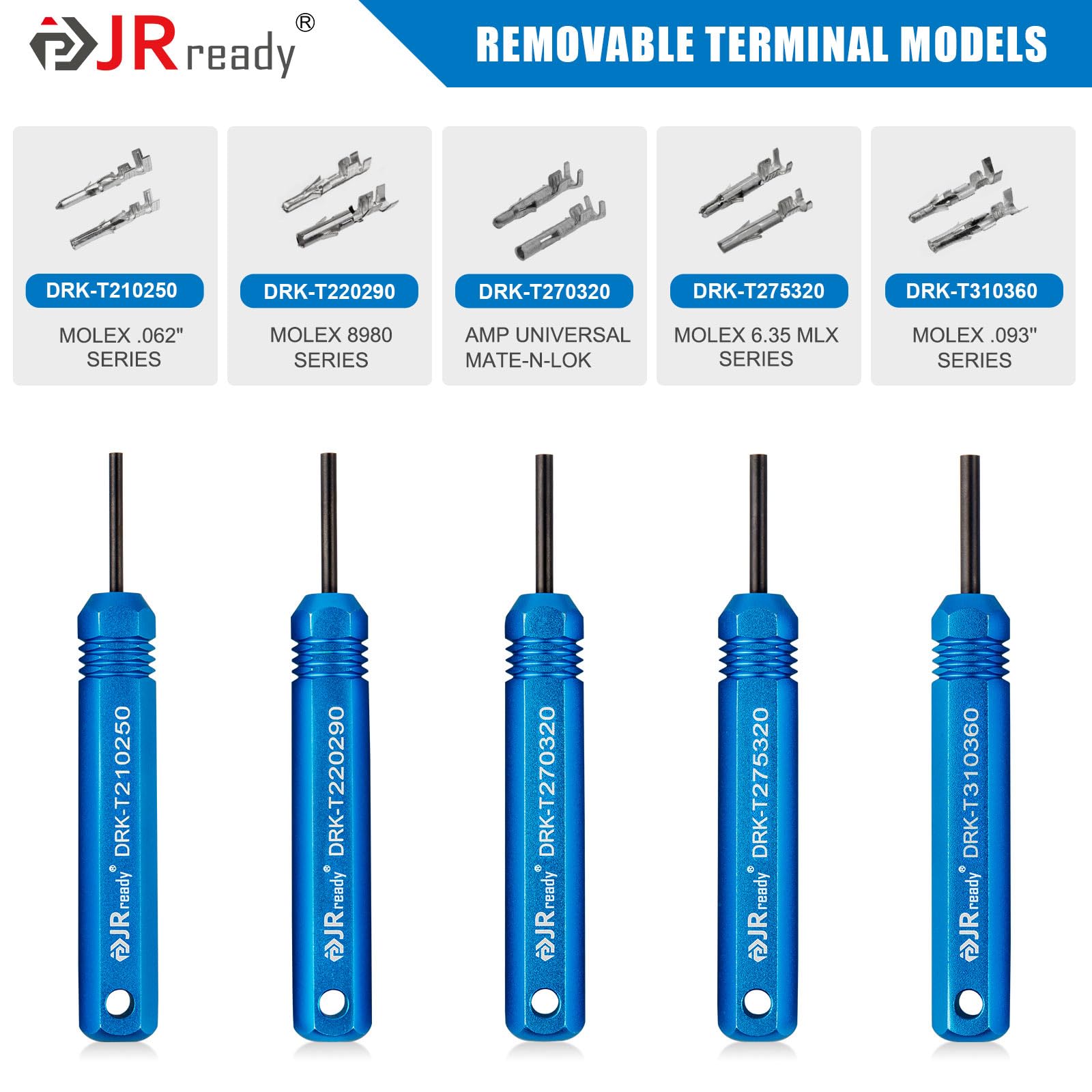 JRready ST5228 Kit di Attrezzi per Estrattori per Autoveicoli Set 5 Pezzi per Commerciale AMP .062', Standard Molex .062', .093' e 8980, Connettori Serie AMP MATE-N-LOK per Molex 3.68 Terminali Serie