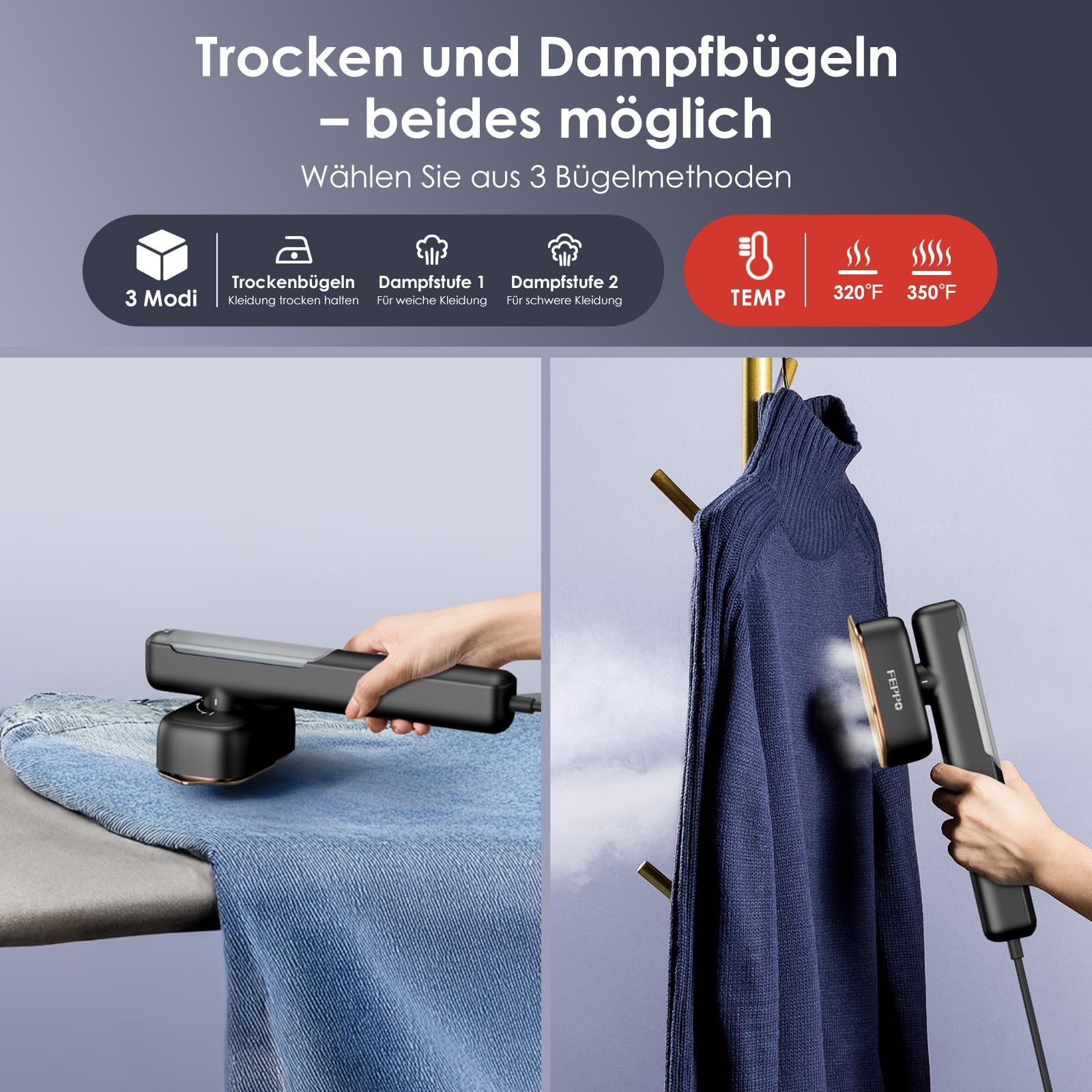 FEPPO Steamer Dampfglätter, 110-240V Dual Voltage Reise Dampfglätter, 2 in1 Tragbarer Handheld Steamer &Dampfbügeleisen, 15s Schnellaufheizung, 1100W Dampfbürste für Globale Reise &Urlaub