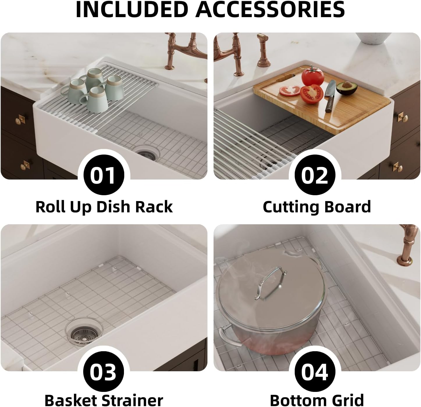 Farmhouse Sink 33 Inch, Los Flexi 33"W x 20"D Farm Workstation Sink, Fireclay Kitchen Sink White with Drying Rack, Cutting Board and Drain Strainer, Reversible Installation