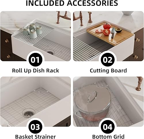 Miniatura 6 de Fregadero estilo granja de 33 pulgadas de ancho x 20 pulgadas de profundidad, fregadero de cocina de arcilla refractaria blanco con estante de