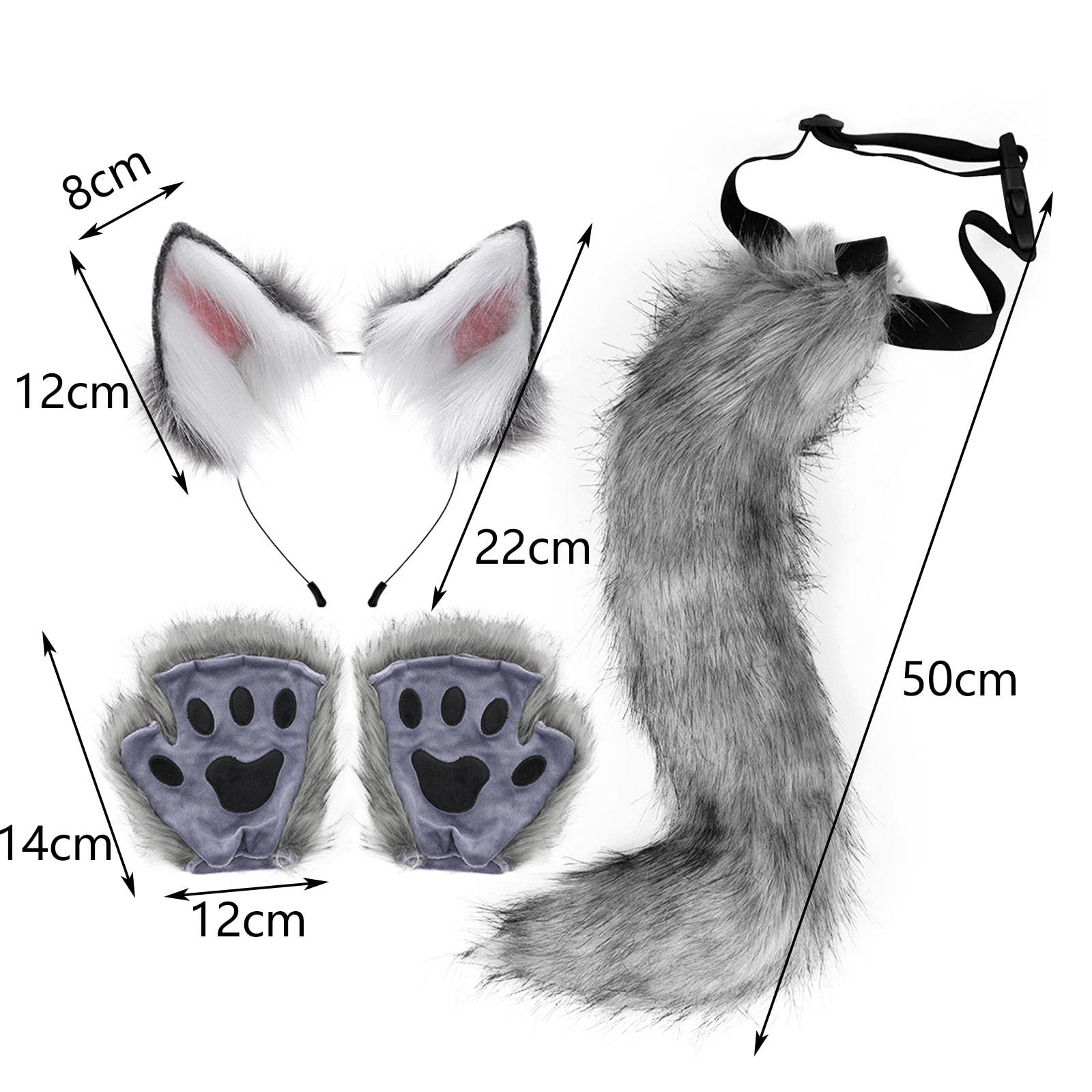 Cosplay Kostüm Set Plüschohr Haarreif Schwanz Spielzubehör mit Mitten Verkleidung für Damen Und Kinder für Kostümfest Bühnenaufführung Rollenspiel Fei, dunkelgrau