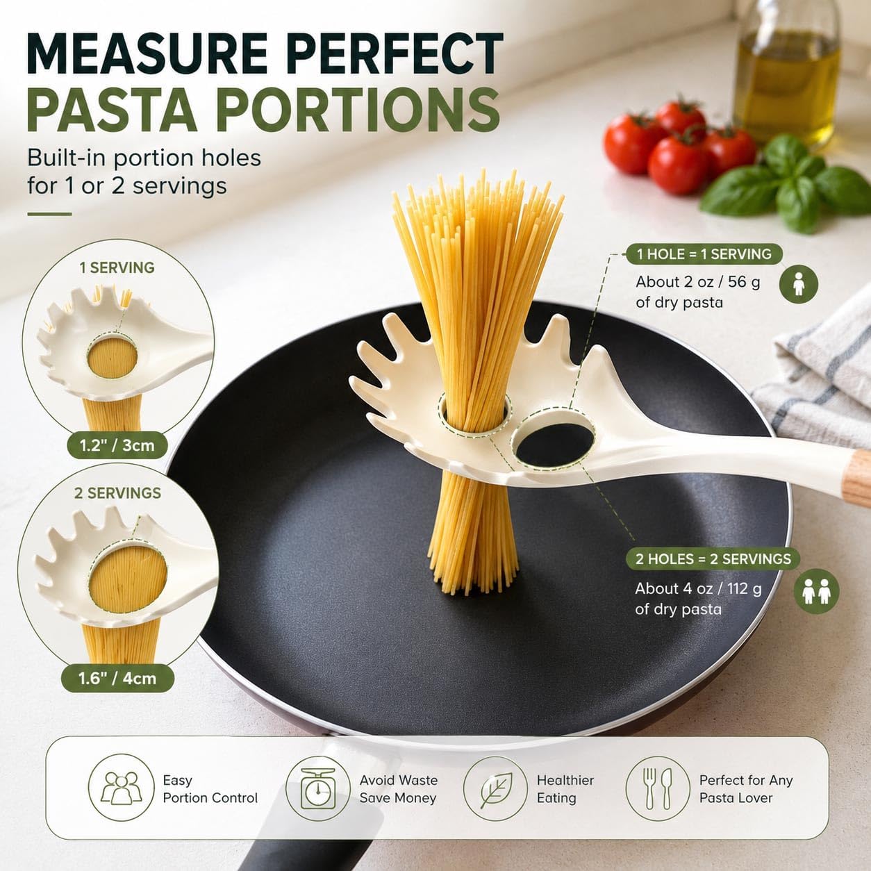 Silicone Pasta Spoon for Spaghetti & Noodles, Wooden Handle, Drain Holes