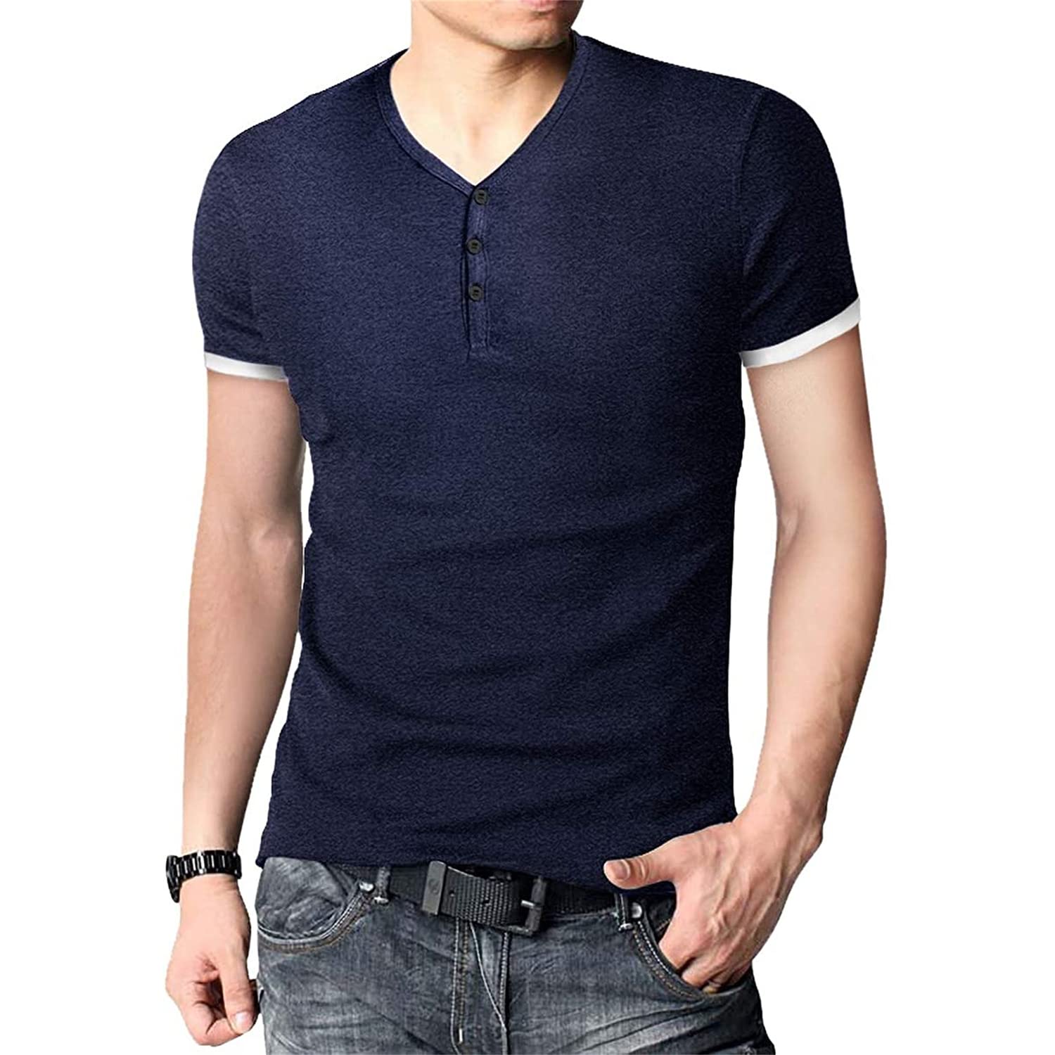Men'S Cotton Regular-Fit Short-Sleeve Casual Basic V Neck Tee Tops Summer Solid Color Button Collar Shirt (Blue,Small)