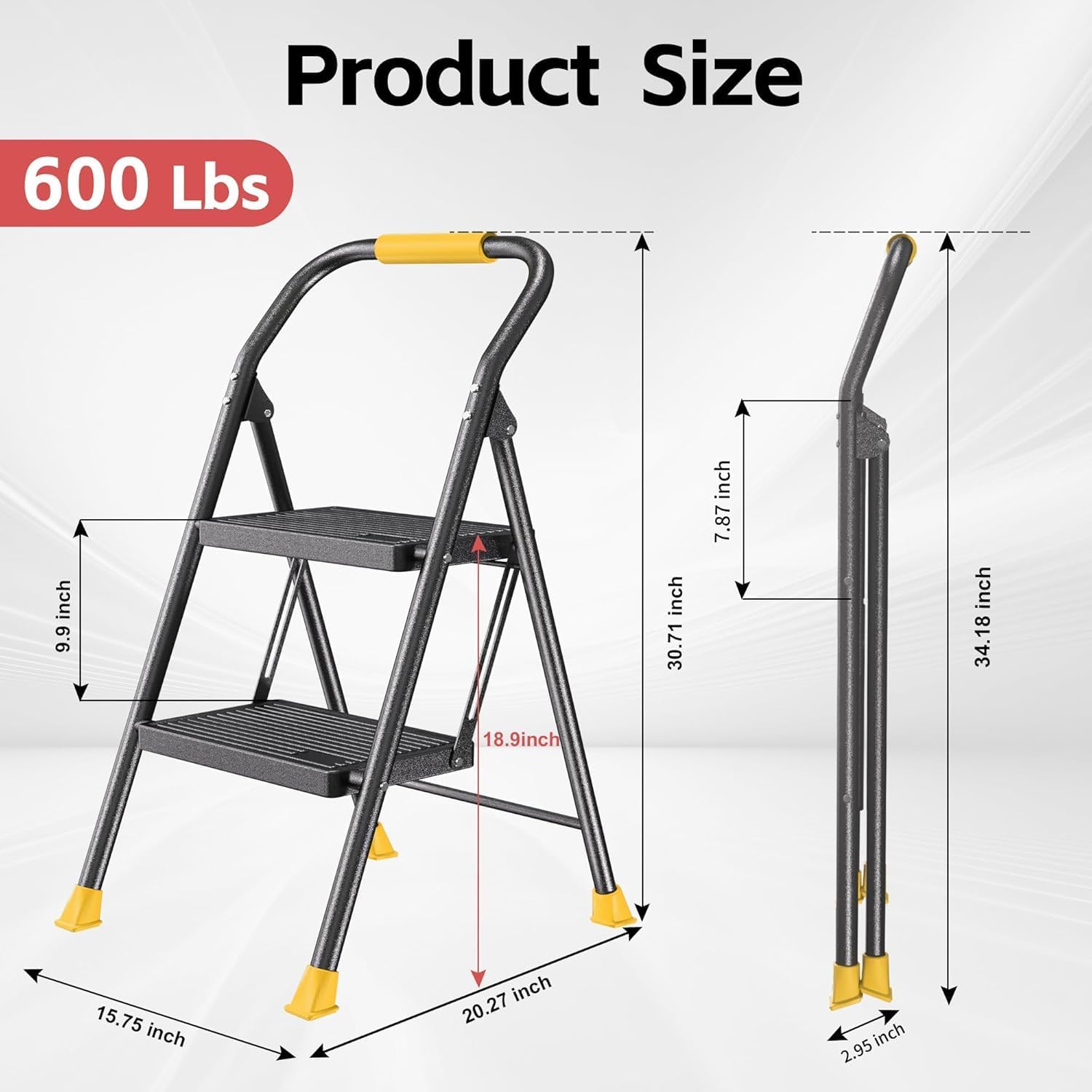 Foldable Step Ladder Folding Stool - 2 Stepping Extension Tall Heavy Duty with Handrails for Home Adults Kitchen - Extendable Stepladder Closet Stepstool Stair Ladders for Indoor House 600Lbs