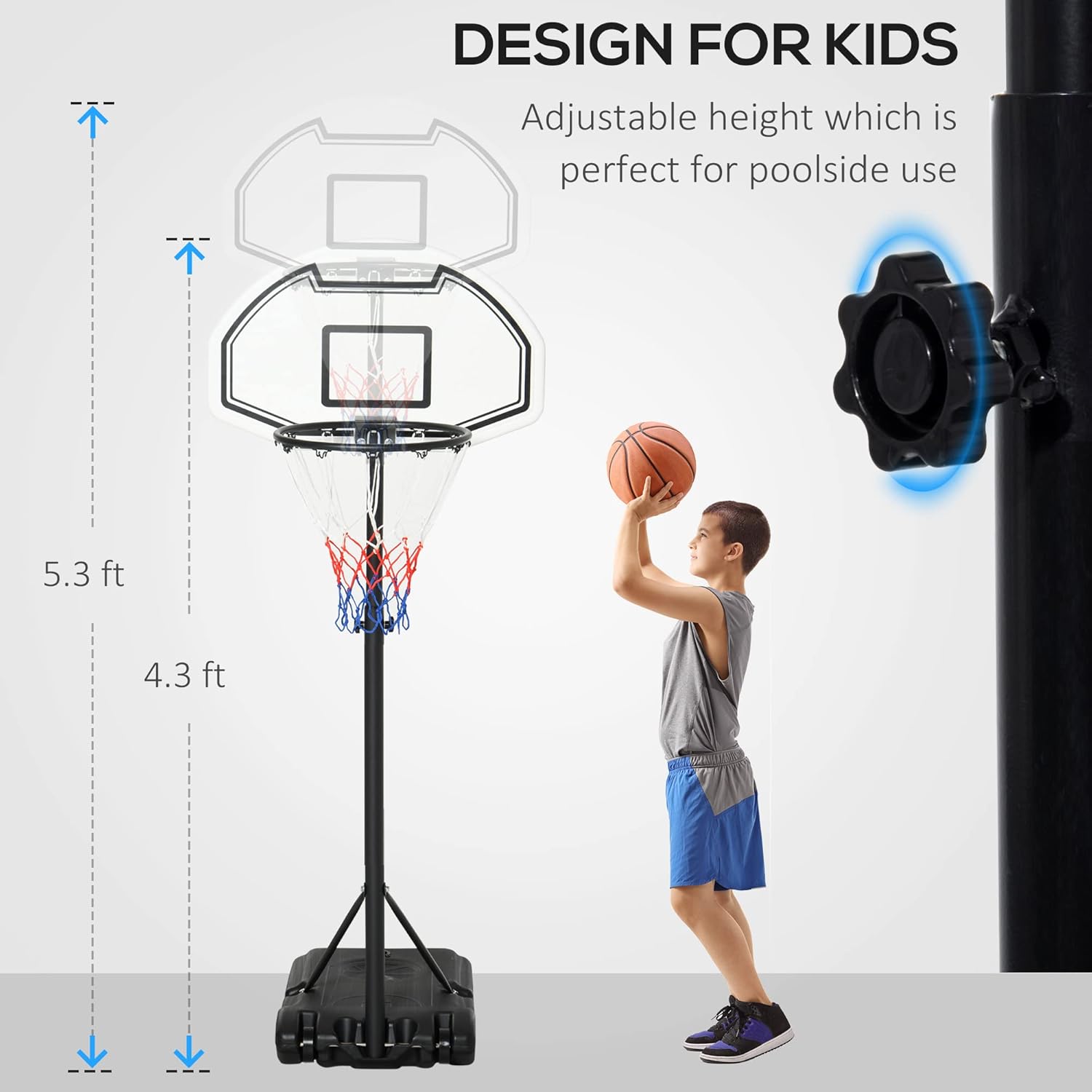 Pro Court Portable Basketball Hoop System, Height Adjustable, Black and Clear Backboard with Orange Rim, Indoor Outdoor Free Standing Base