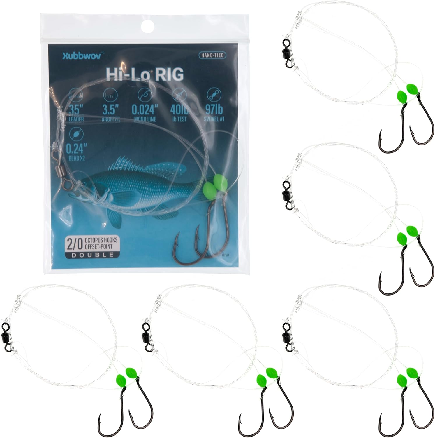 High Carbon Steel Black Nickel Hooks Hi-Lo Rig, 6-Pack Hand Tied Saltwater Fishing Rigs, 40lb Mono Leader & 97lb Swivel for Striped Bass, Seabass, Porgy, Blackfish (2/0,3/0 Octopus Hooks)