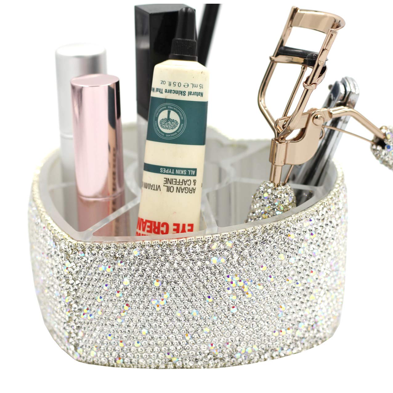 Desktop Cosmetic Storage Box 8-hole Heart-Shaped Bling bling Rhinestone Cosmetic Tools storage Box Jewelry Storage Box (Silver)