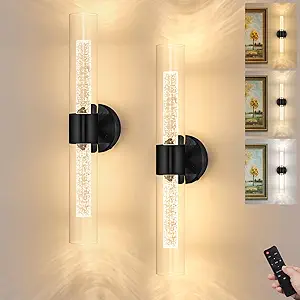 Battery Operated Wall Sconce Set of 2, Black Rechargeable Wireless Sconces 10000mAh 3000K/4500K/6000K Timer Function Battery Operated Wall Light with Remote Control for Living Room Bedroom