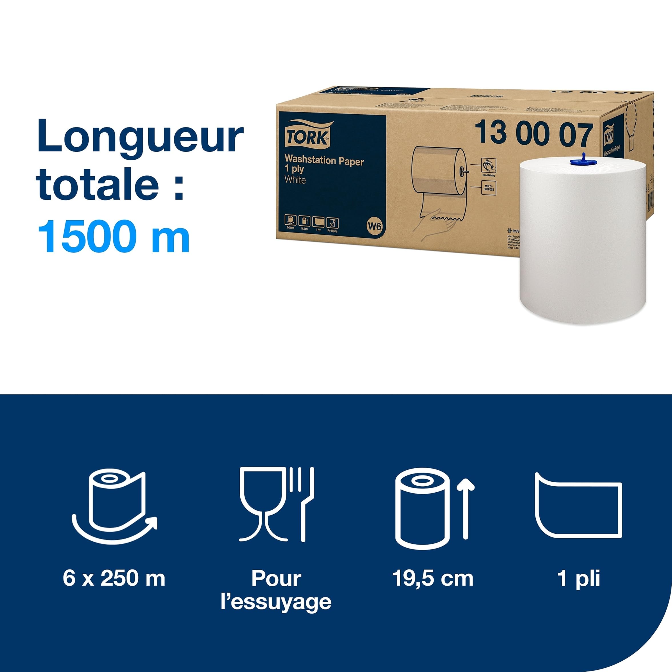 Tork Rouleau de Papier d'Essuyage Basic blanc W6, 6 x 250 m, 130007
