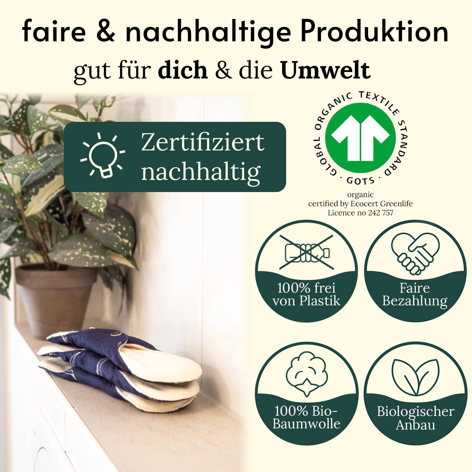 7 Bio-Stoffbinden + Wet Bag & Pflegeanleitung I 100% Bio-Baumwolle I 3-lagiger Schutz und Komfort in der Periode, Waschbare Slipeinlagen