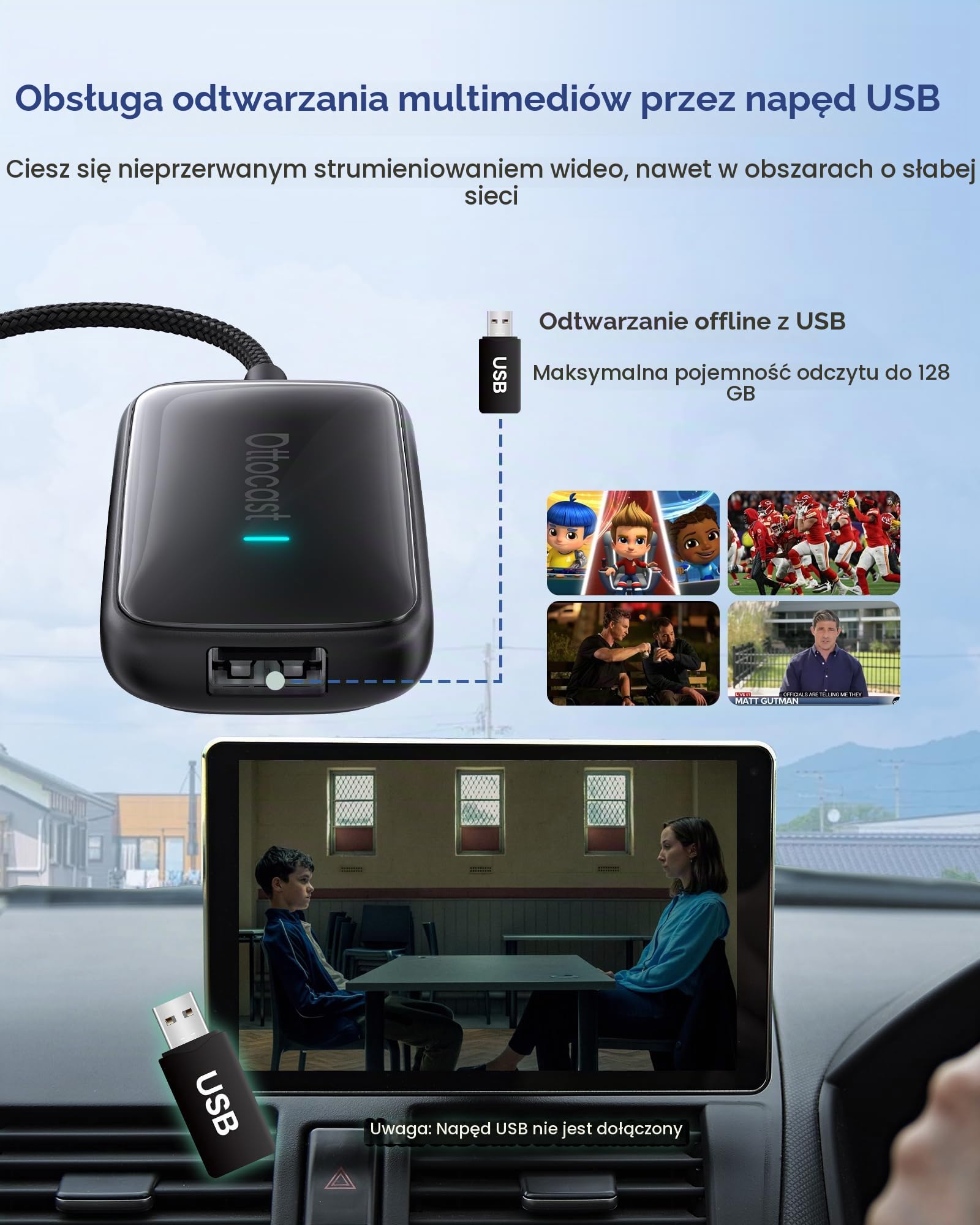 OTTOCAST Play2Video Ultra 2026 aktualizacja bezprzewodowego adaptera CarPlay i Android Auto AI Box, Android 12, 4 GB + 32 GB, Bluetooth 5.4, WiFi 5 GHz, strumieniowanie z Netflix YouTube, Amazon Video