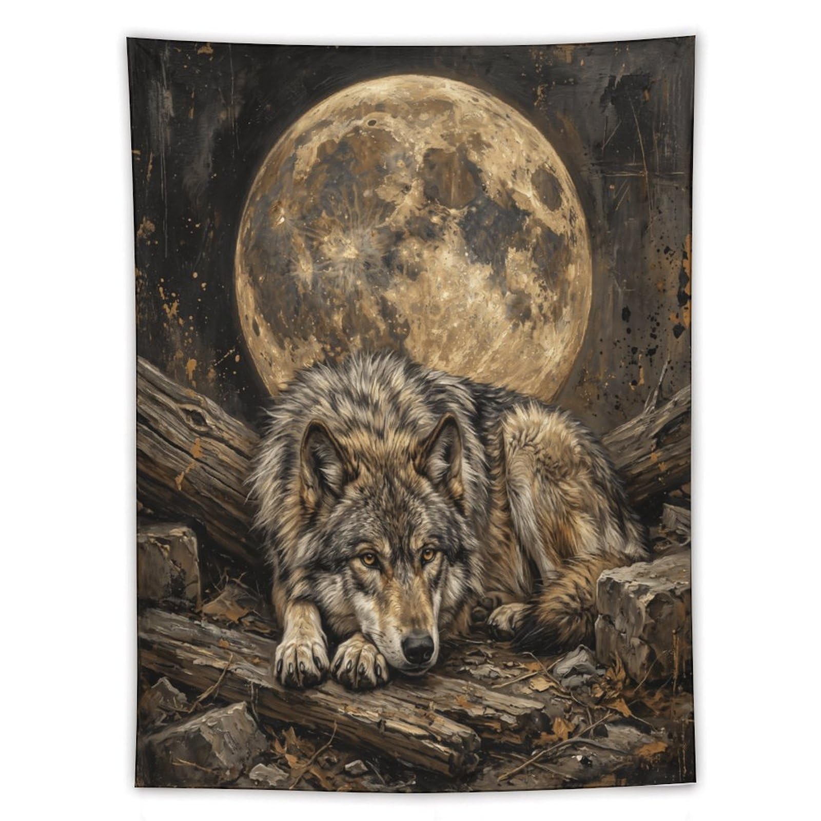 W7C8U2X3 Wolf Moon Woodland Wall Tapestry, Realistic Illustration Style
