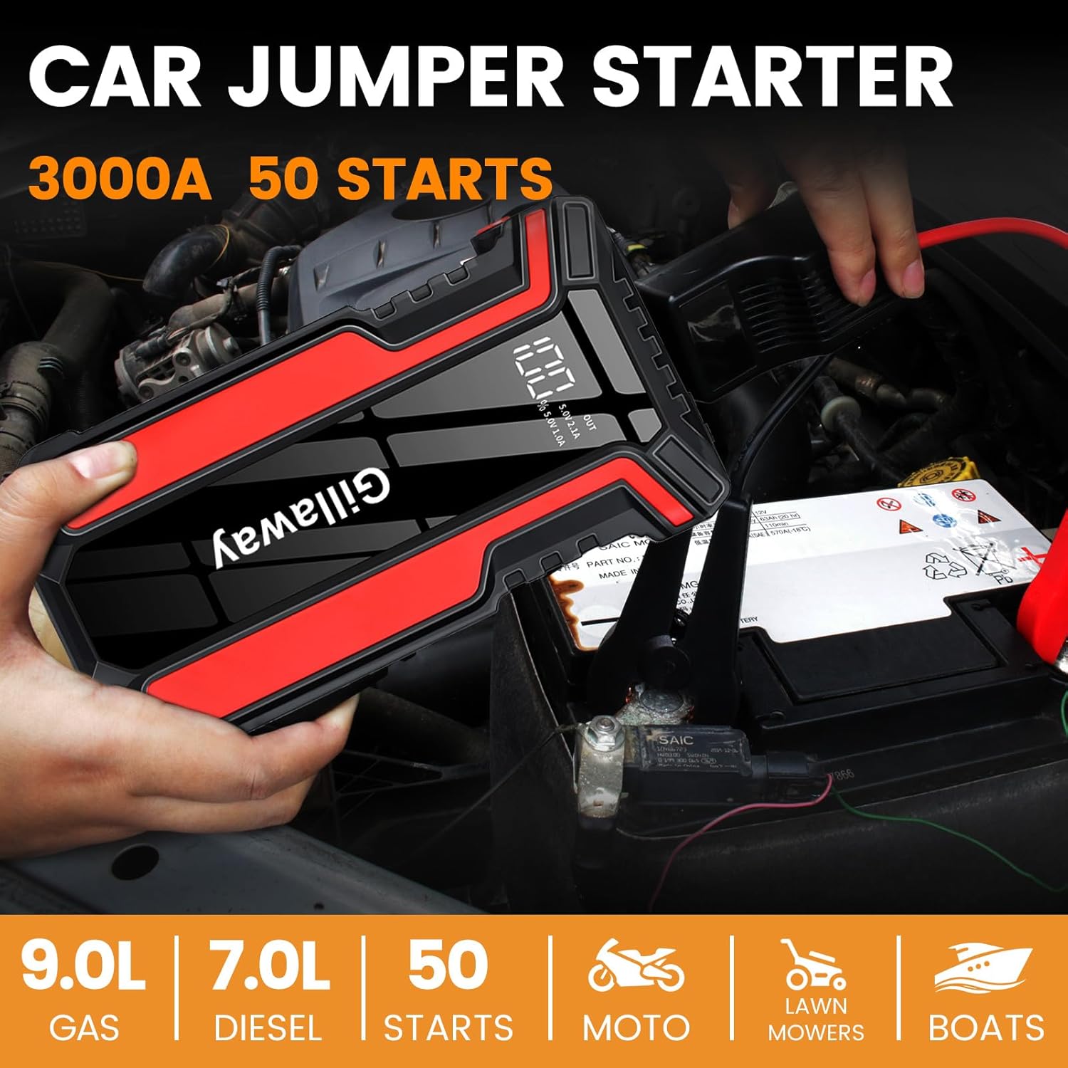 Gillaway 016 Jump Starter 3000A Peak, Jump Starter Battery Pack up to 50 Jump Starts, 12V Jump Box for Car Battery, up to 9.0L Gas and 7.0L Diesel Engines, Jump Starter Portable Power Bank LED Light