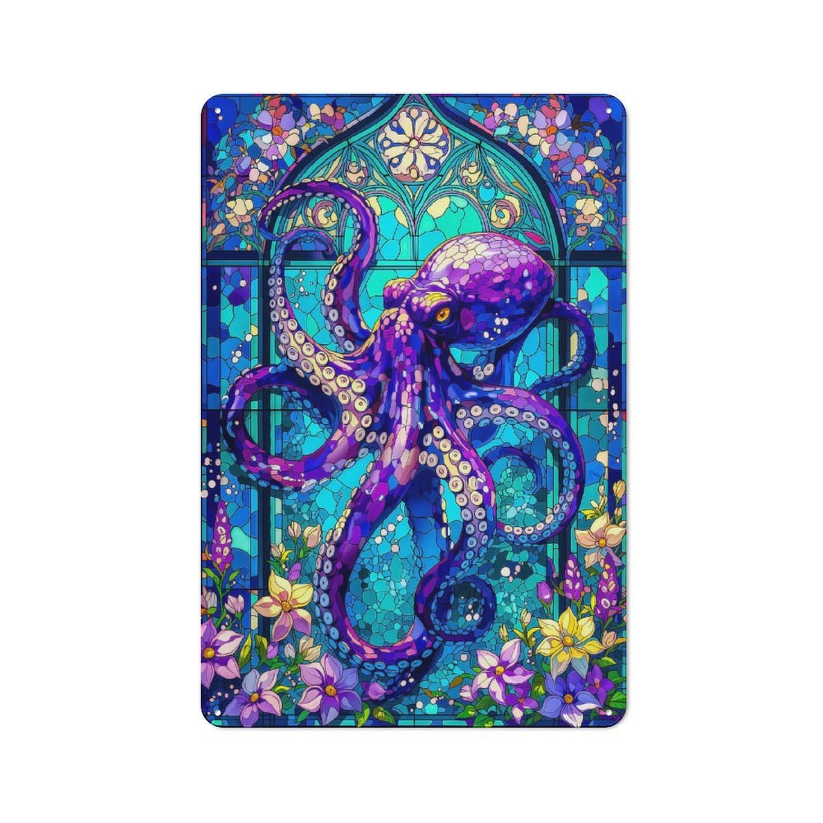Junmoney Style-7 Octopus Stained Glass Art Retro Metal Plaque 30X20cm For Living Room Or Hallway, Suited To Hallway Decor Fans
