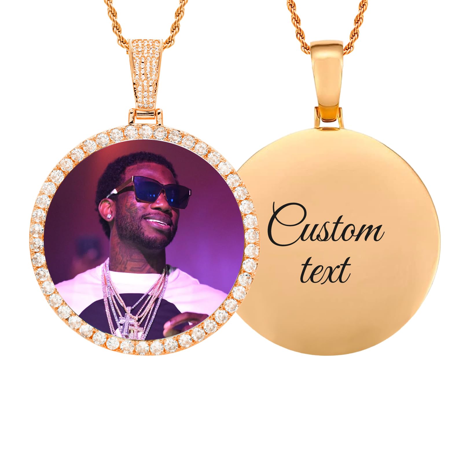 YOUNIFLARE Custom Oversized Large Round Picture Necklace Personalized Photo with Cubic Zirconia - Large Picture Pendant Necklace - Iced Out Necklce