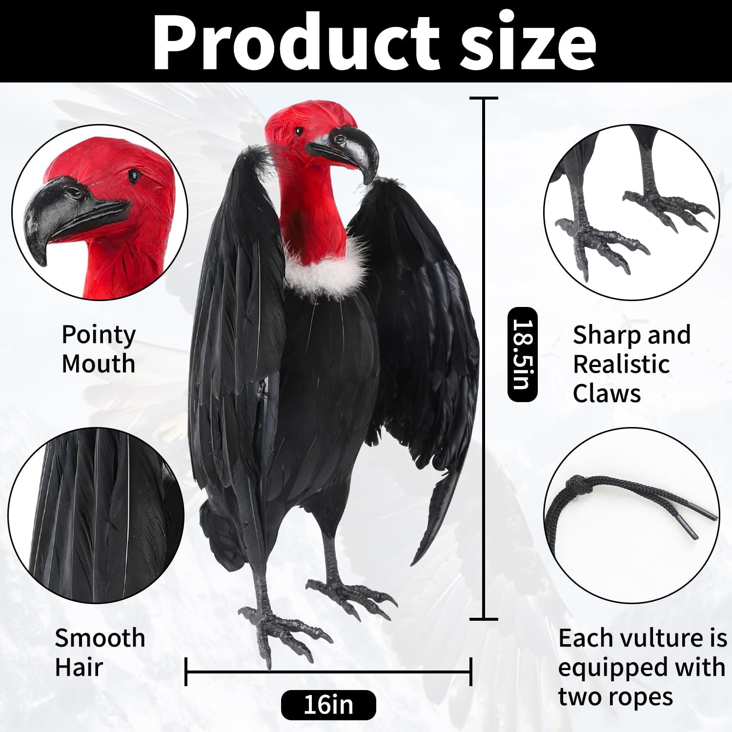 1 Pcs Fake Vulture 18'' Large Faux Vulture Decoys Simulated Full Feathered Realistic Bird Black Hanging Faux Bird for Yard Roofs Trees Garden Decorations