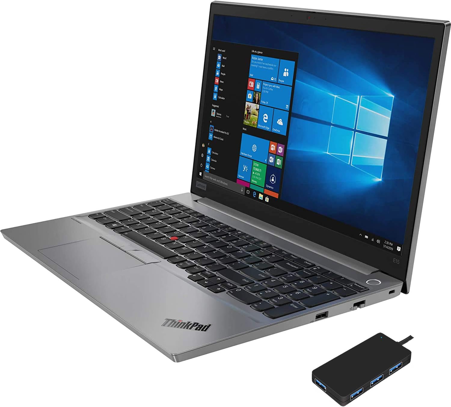 Lenovo ThinkPad E15 Home and Business Laptop (Intel i7-10510U 4-Core, 16GB RAM, 512GB PCIe SSD, Intel UHD Graphics, 15.6" Full HD (1920x1080), Fingerprint, WiFi, Bluetooth, Win 10 Pro) with USB Hub