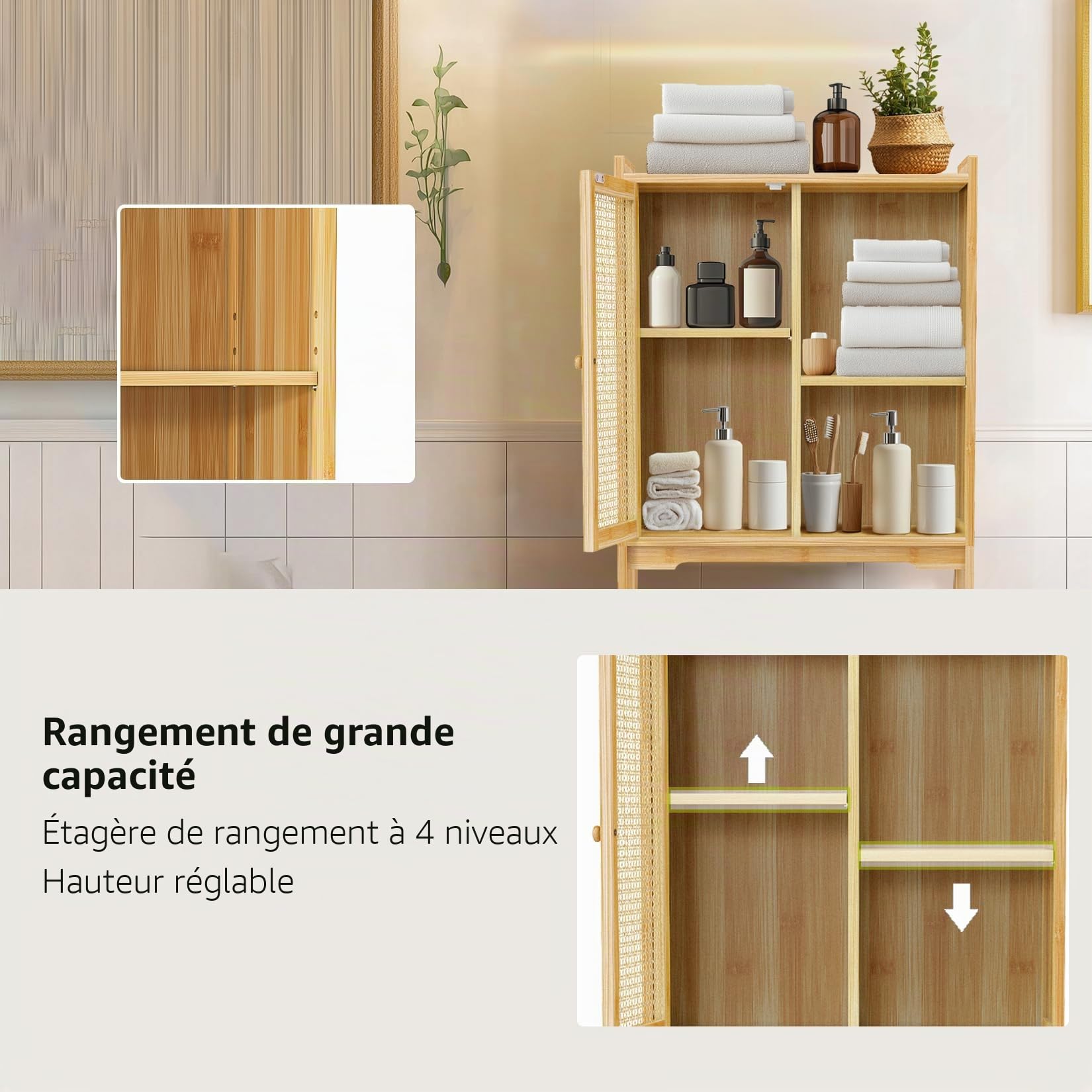 unho Meuble de Rangement au-Dessus des Toilettes: Organisateur en Bambou à Portes Rotin Placard Toilette WC avec Étagère Réglable Intérieure - 60x26x156cm