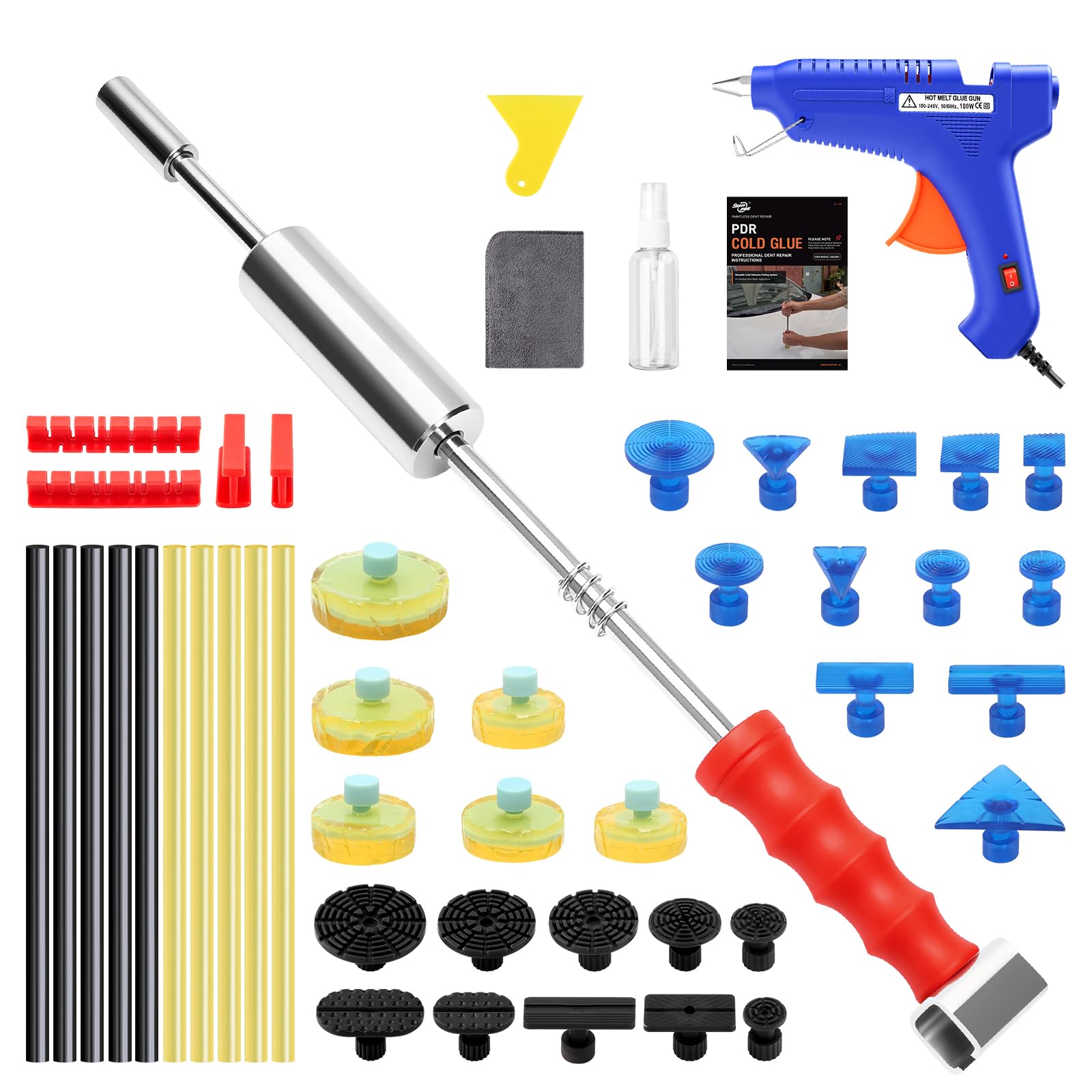 Ausbeulen Ohne Erhitzen Kaltkleber Auto Dellen Reparatur Set,100% lackschonend Kaltkleber Dent Repair Kit PDR Werkzeugset Saubere Entfernung Schnell 3-in-1-Schiebehammer-Ausbeulwerkzeugfür Karosserie