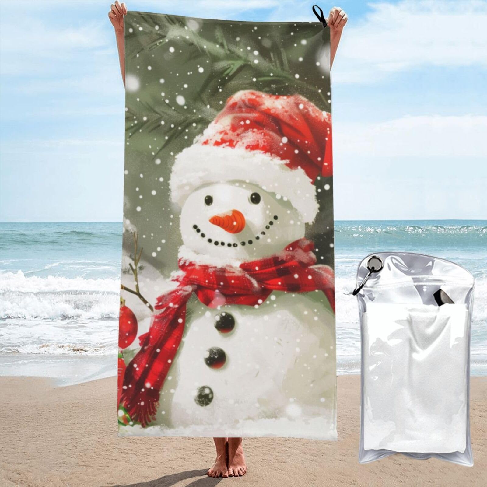 kkvhhyuo Microfiber Beach Towel, Merry Christmas With Happy Snowman Printed Lightweight Quick Dry Travel Bath Sheet with Compact Carry Bag for Swimming Yoga Camping Gym,31.5"x63"
