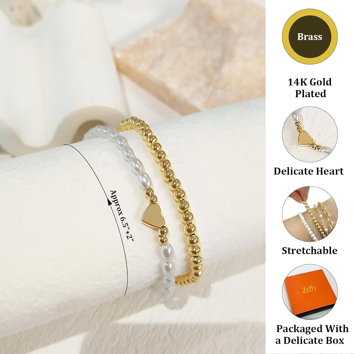 Zeffy Gold Pearl Beaded Bracelet for Women, 14K Gold Plated Jewelry Set With Paperclip Link Chain, Trendy Stack Bracelets - Image 2