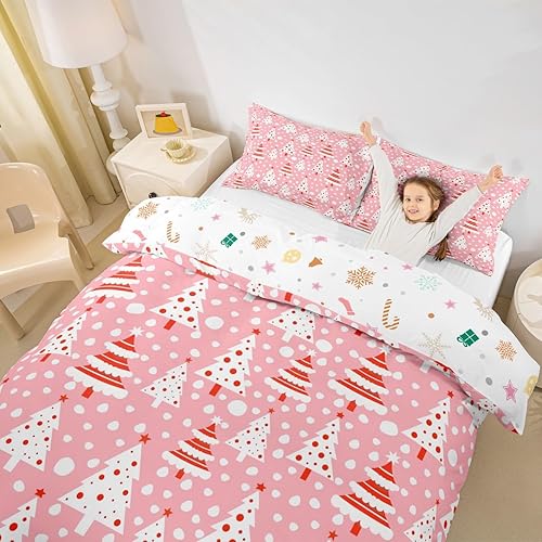 Vista 46 de Juego de funda de edredón rosa de Navidad para niñas, tamaño matrimonial, lindo juego de ropa de cama de dibujos animados de pingüino de Papá Noel