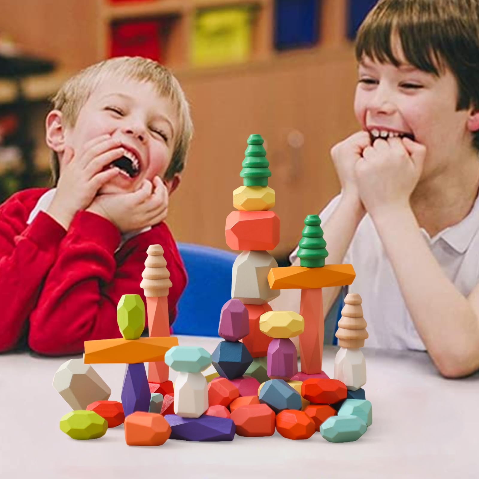 Giocattoli Impilabili in Legno - Pietre di Bilanciamento Waldorf Natura Blocchi di Costruzione Arcobaleno - Montessori (48 Pezzi Set)