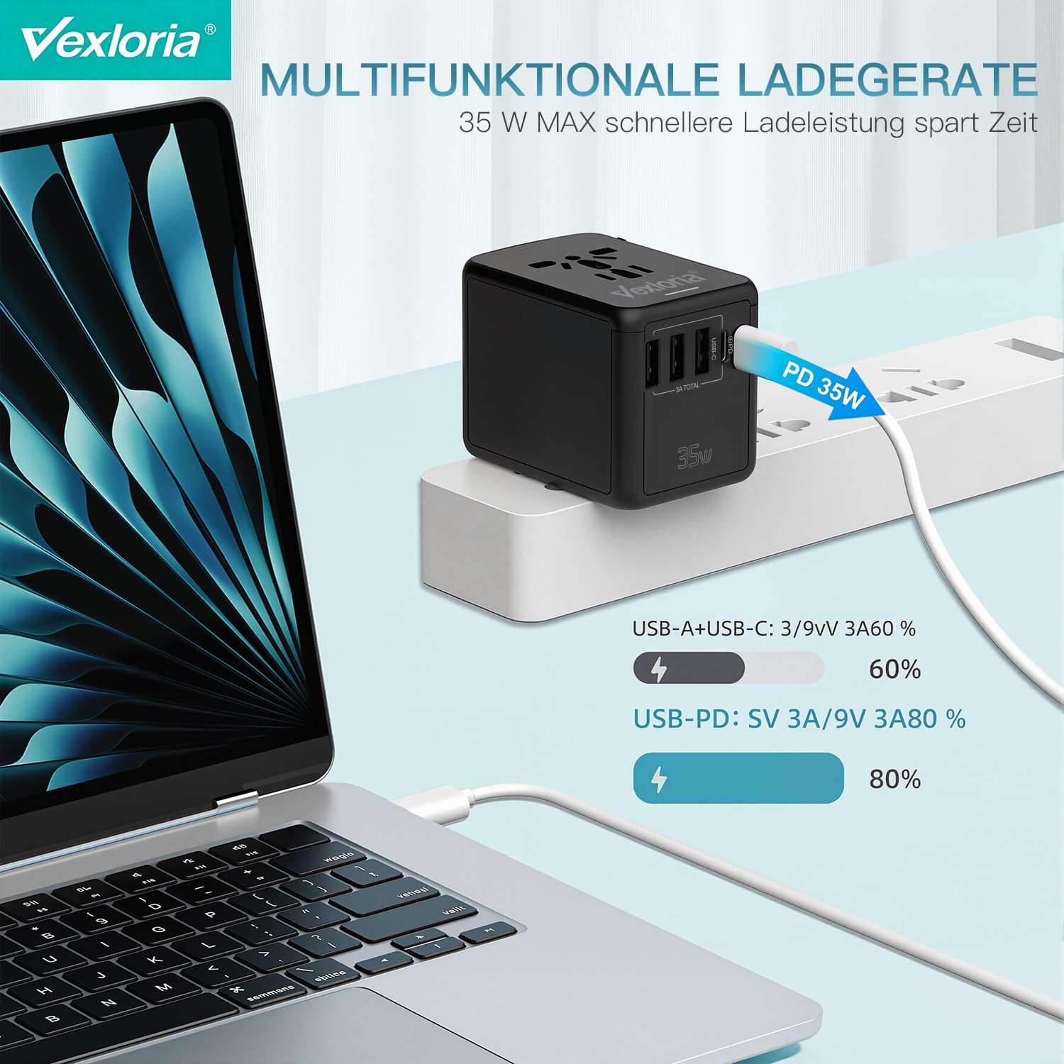 Vexloria Adaptateur Prise Universelle, avec PD35W+3USB A+1 USB C, 5 in1 Travel Adapter Internationale Adaptateur de Voyage pour Les États-Unis, l'Angleterre, la Thaïlande, l'Australie