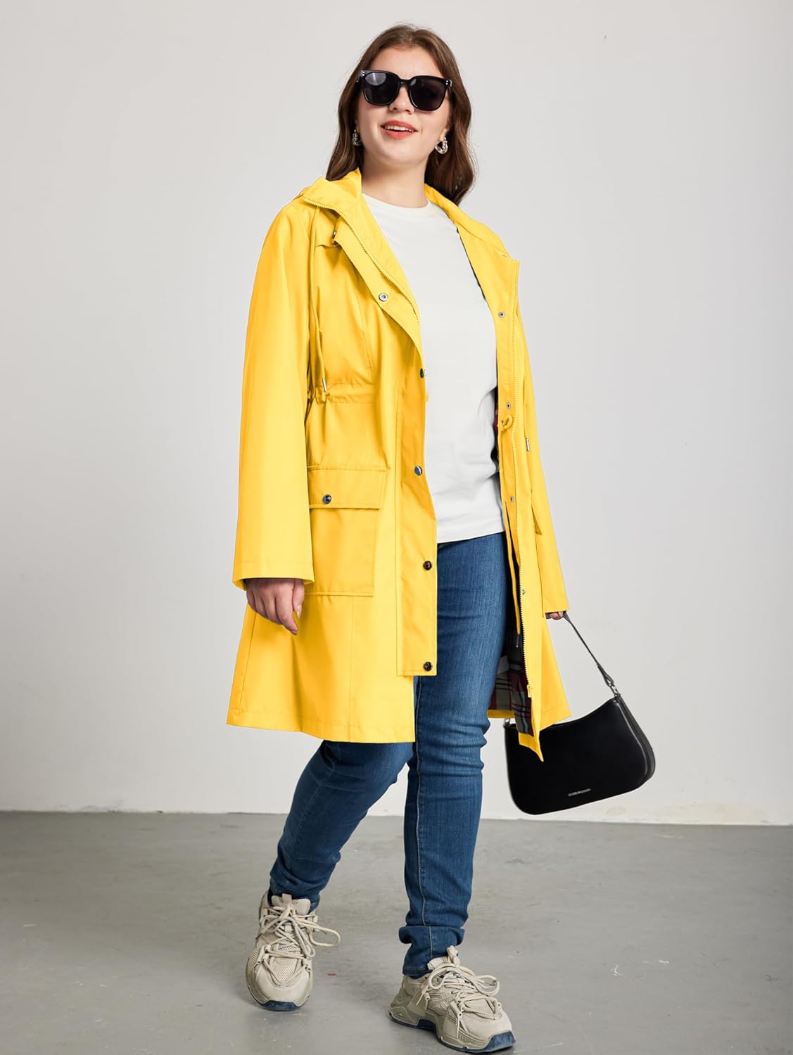 Kikibell Plus Size Rain Jackets for Women Raincoats Waterproof Windbreaker Jacket Hooded Outdoors Trench Coat with Pockets