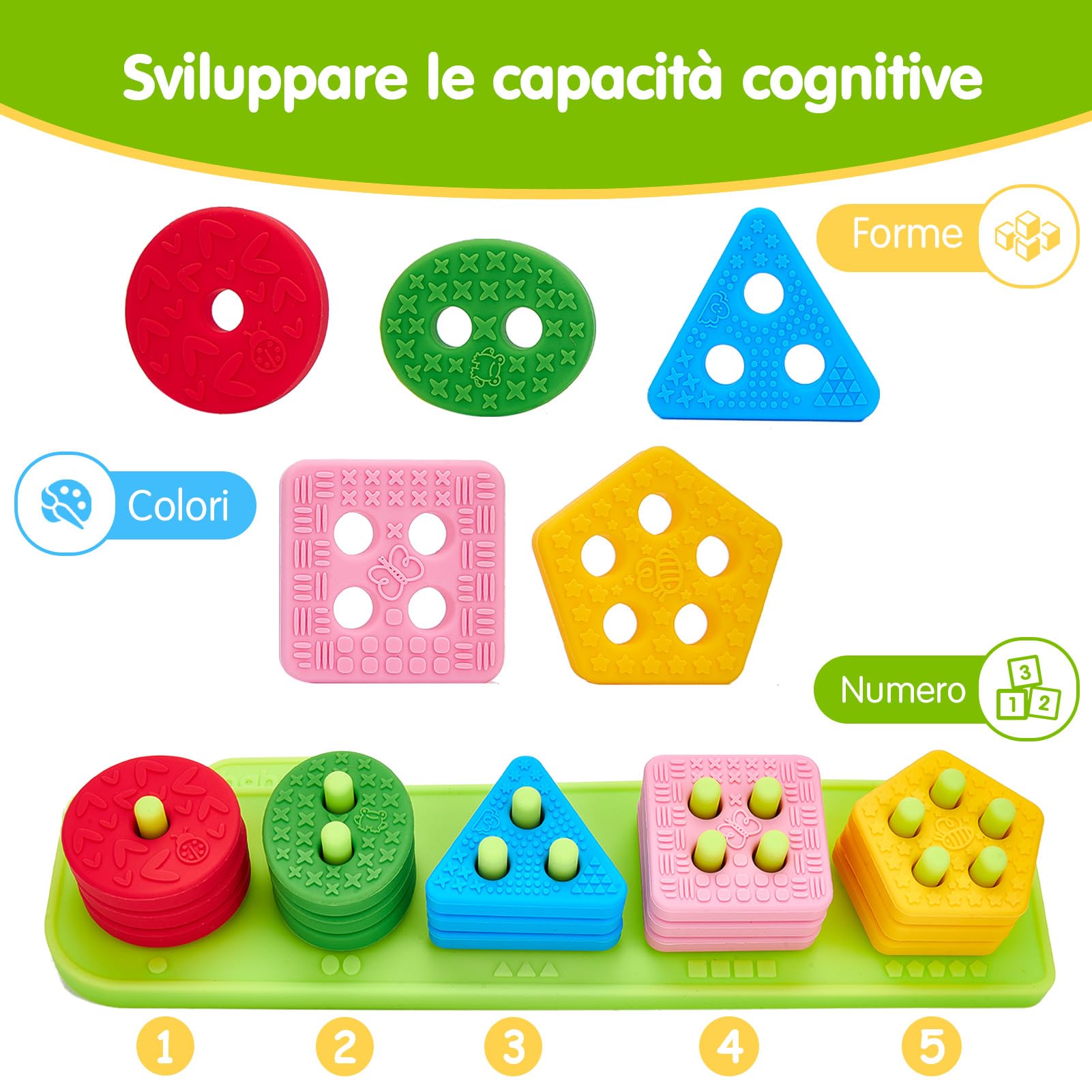hahaland Gioco Sensoriale in Silicone per Bambini 12+ Mesi, Gioco Impilabile Morbido, Blocchi Montessori per Sviluppo Sensoriale e Motricità, Regalo per Bambini 1-3 Anni