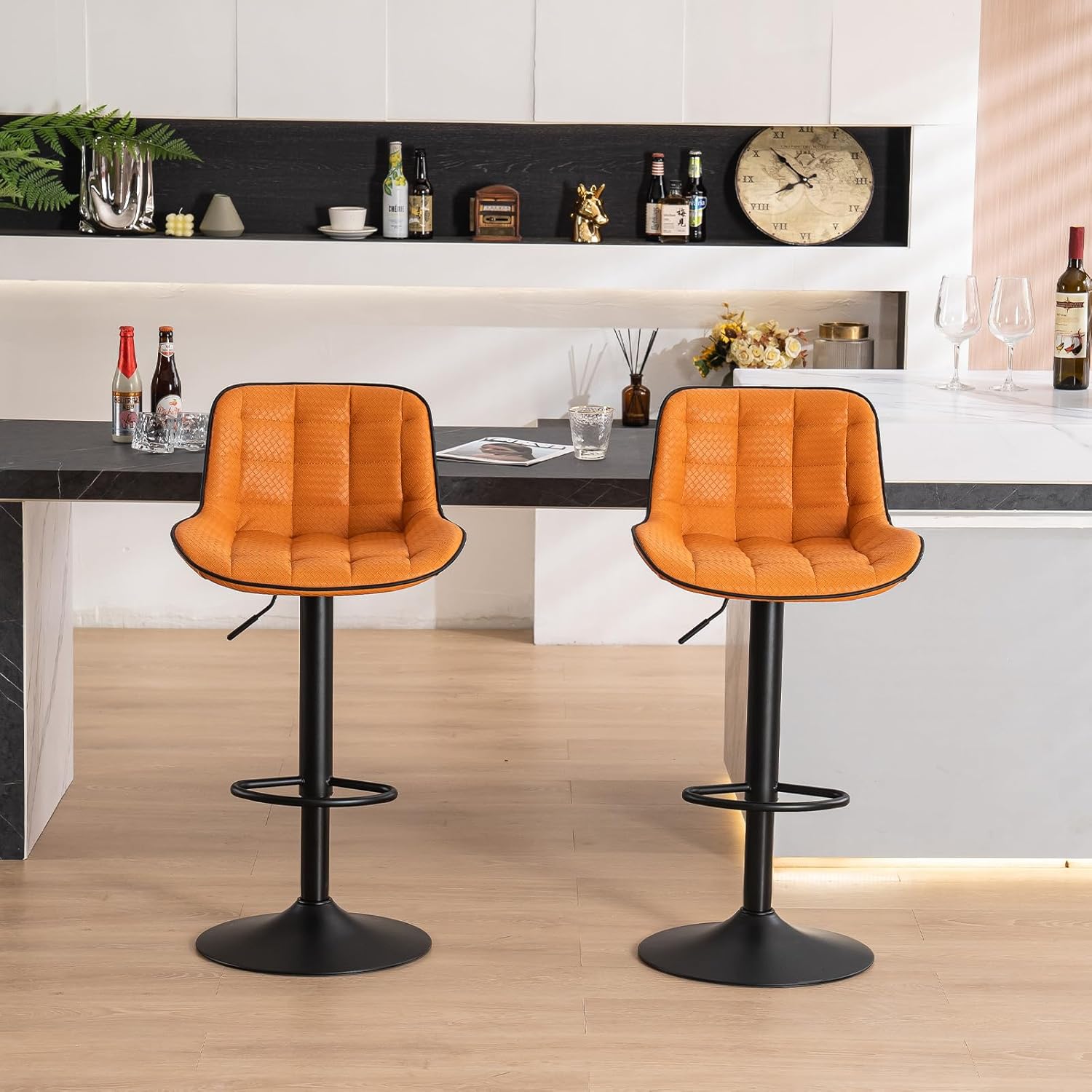 YOUNIKE Bar Stools Set of 2 Orange Adjustable Swivel Bar Chairs High Back Counter Stools PU Leather Woven Soft Cushion Square Grid 8 Mins Quick Assembly Loads Up to 300lbs