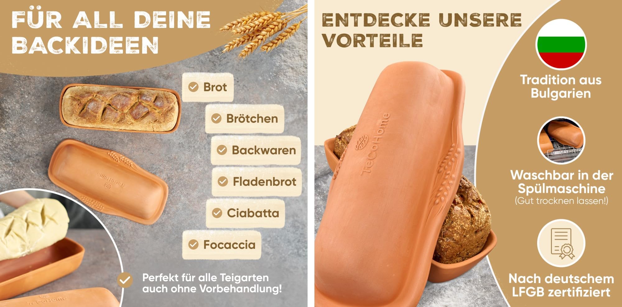 Brotbackform mit Deckel aus Naturton – Brotbacktopf & Brottopf zum Brot backen | Tontopf mit Deckel für knuspriges Brot wie vom Bäcker | Keramik Kastenform rechteckig für perfekte Backergebnisse