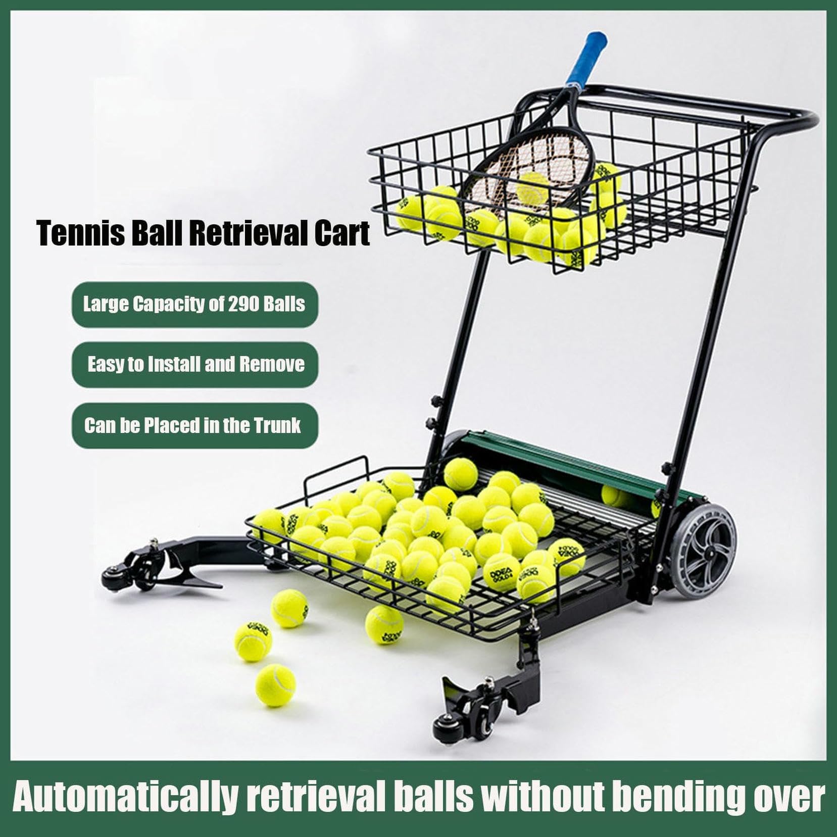 Carrello per raccogliere palline da tennis, con spinta manuale, attrezzatura per raccogliere palline, contiene fino a 290 palline