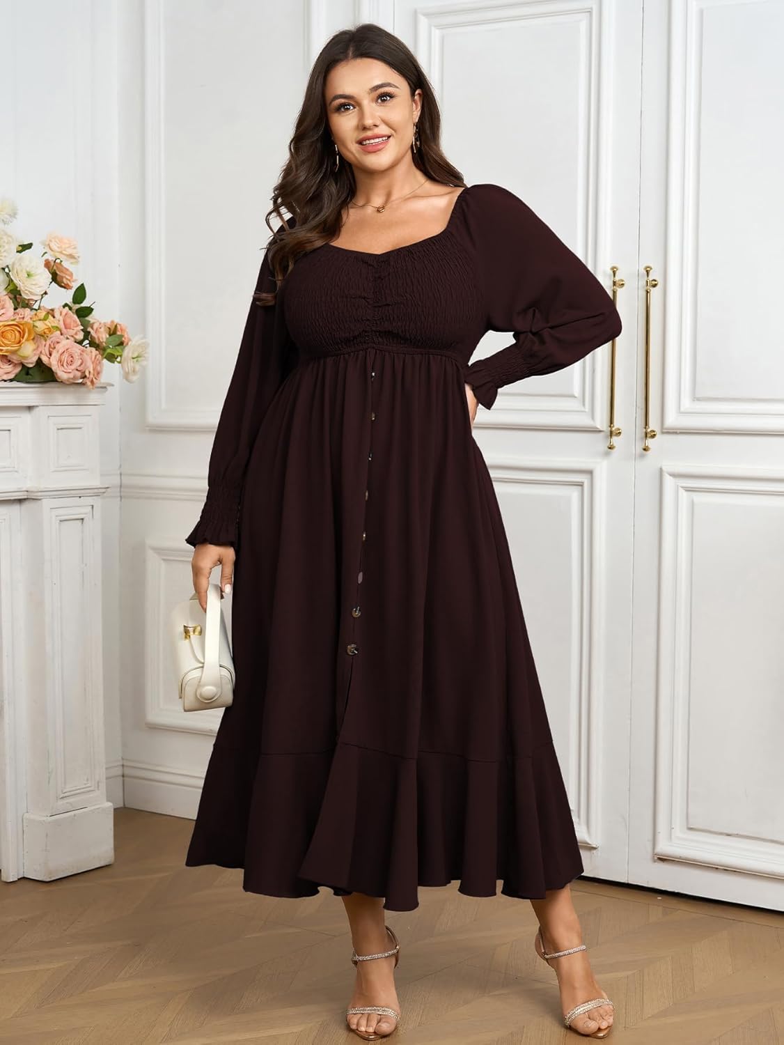 Plus Size Smocked Casual Maxi Dress for Curvy Women Long Sleeve Sweetheart Neckline Fall Dresses Button Down - Image 5
