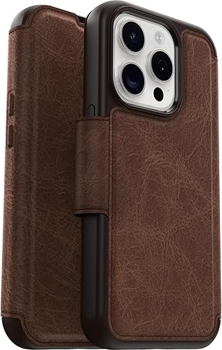 Otterbox Funda Strada Folio Series para iPhone 15 Pro (únicamente), ESPRESSO (marrón), tarjetero, broches a presión a MagSafe, piel auténtica, apta