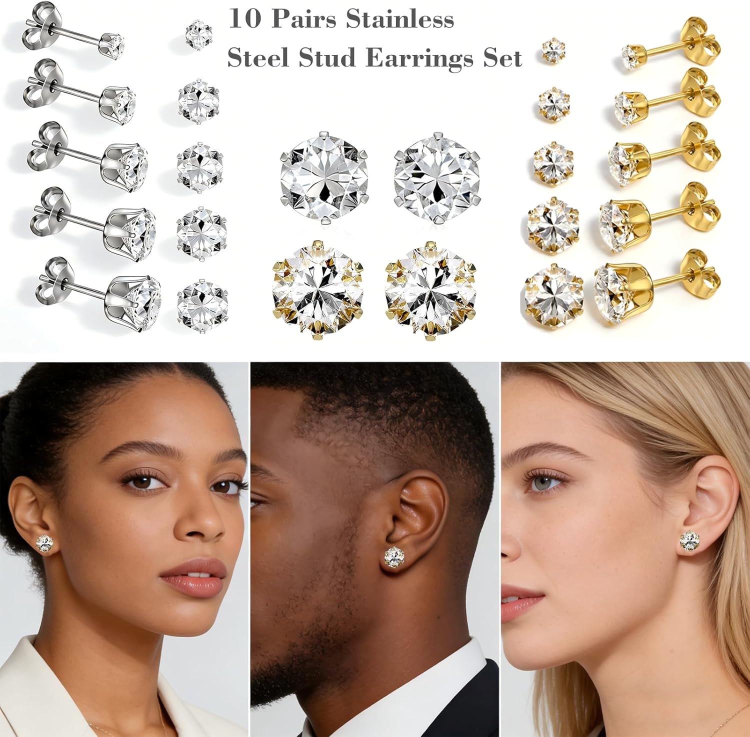5 Pairs Stainless Steel Stud Earrings Set Silver 14K Gold Plated Stud Earrings 316L Hypoallergenic Cubic Zirconia CZ Earring for Women 3-7 mm - Image 2